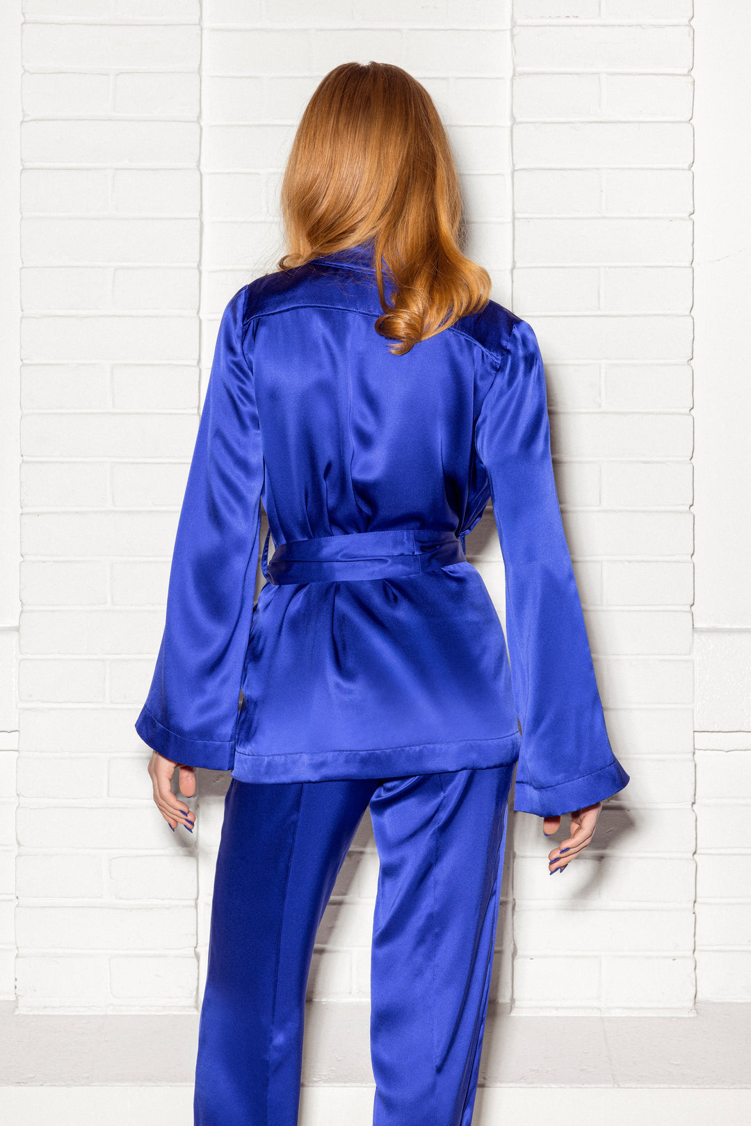 Belted Silk Satin Jacket Blue – La Katz