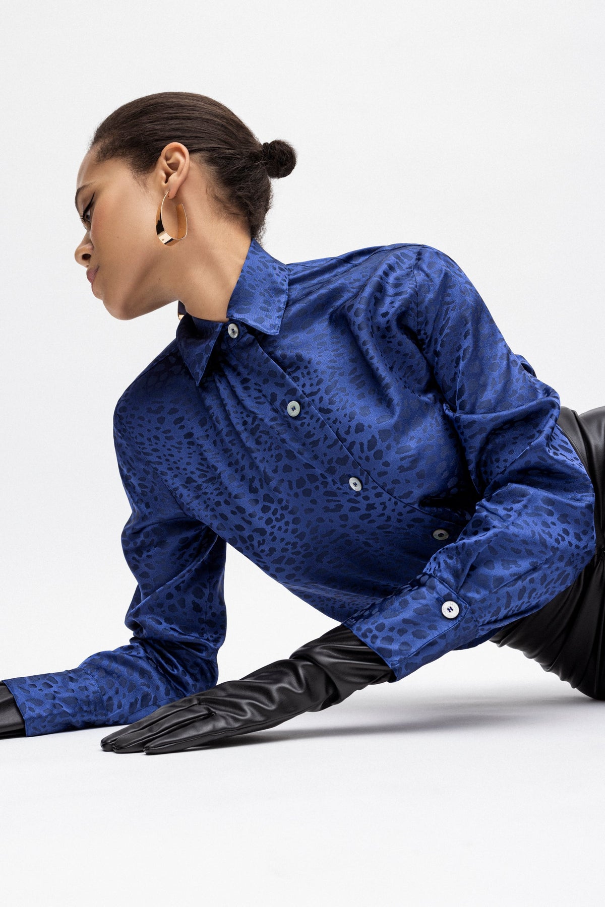 Silk Jacquard Satin Shirt Blue – La Katz